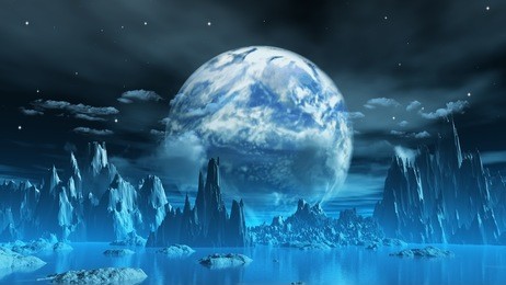 3d render of a surreal ice planet with earth in the sky