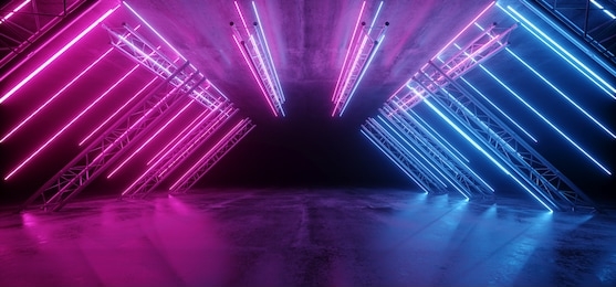 neon glowing purple blue vibrant sci fi futuristic stage podium construction metal triangle concrete grunge reflective dark night virtual show background laser tunnel corridor 3d rendering 
