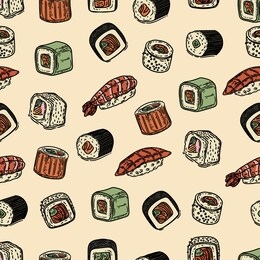vector hand drawn colorful seamless pattern of sushi.