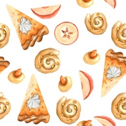 hand drawn seamless texture of autumn desserts. watercolor pumpkin pie, apples and cookies. perfect for wrapping greeting paper, different cards and more autumn projects.