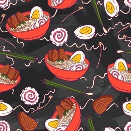 ramen soup with noodles, pork meat, green onions, enoki mushrooms, boiled egg and narutomaki in a red bowl. traditional japanese, korean and chinese fast food. vintage retro style. seamless background