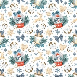 watercolor seamless pattern with snow globe, candlestick, deer, toys. christmas seamless pattern for cards, wrapping paper, invitations and other purposes.