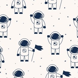 seamless pattern with cute astronauts. cartoon spaceman silhouette background. futuristic cosmonaut wallpaper for kids.