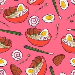 ramen soup with noodles, pork meat, green onions, enoki mushrooms, boiled egg and narutomaki in a red bowl. traditional japanese, korean and chinese fast food. vintage retro style. seamless background