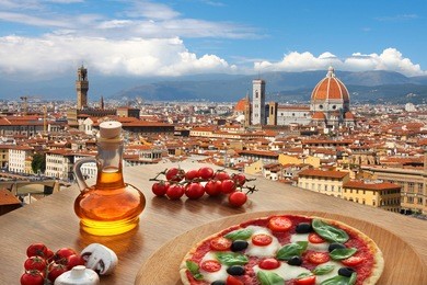 florence with cathedral and typical italian pizza in tuscany,  italy