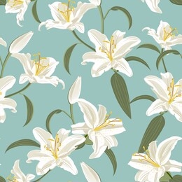 lily flower seamless pattern on green background, white lily floral vector illustration