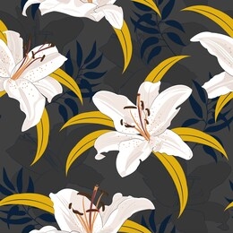 lily flower seamless pattern on black background, white lily floral vector illustration