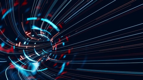 3d rendering of abstract fast moving stripe lines with glowing tech led light flare. high speed motion blur. concept of leading in business, hi tech products, warp speed wormhole science, data pipe.
