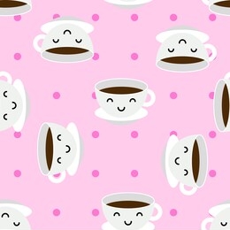 kawaii coffee or tea cups seamless pattern. cute dotted pink background with white cups with hot drinks. smiling friendly face - vector good morning illustration