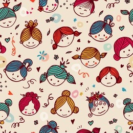 seamless pattern cute girlish faces with different emotions. ideal for children's interiors, banners and posters. vector colorfull illustration.