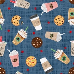 coffee cups and cookies on denim patterned and red polka dot background
seamless pattern. illustration. frappe, latte, cookie pattern.
