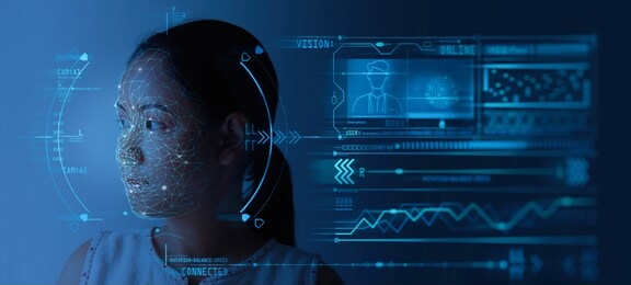facial recognition system concept with face recognition and 3d scanning interface.