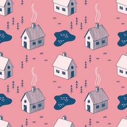 seamless pattern with houses, forest and lake. natural landscape in isometric. hand-drawn for wallpaper, textile, fabric.