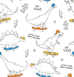 hand drawn vector skater dinosaurs seamless pattern.