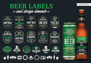 vector beer labels and design elements. realistic glass bottle and aluminium can mockup. brewing company branding and identity icons, badges, insignia and design elements