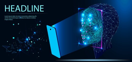 facial recognition system concept. biometric scanning, 3d. face id. identification of a person. polygon vector wireframe concept. headline