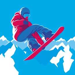 snowboarder jumping on the mountains backgruond