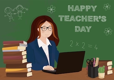 happy teachers day. concept. female teacher on lesson at blackboard in classroom. vector illustration