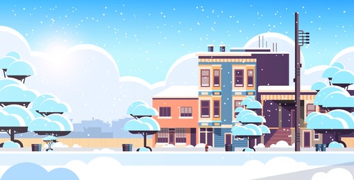 city building houses exterior modern town snowy street in winter season sunset snowfall cityscape background horizontal flat