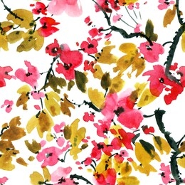 watercolor and ink illustration of sakura tree with flowers and leaves. oriental traditionalpainting in style sumi-e, u-sin and gohua. seamless pattern.