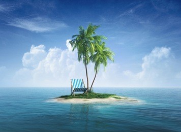desert tropical island with palm tree, chaise lounge. concept for rest, holidays, resort, travel.