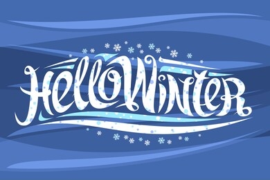greeting card for winter season, curly calligraphic font with white snowflakes and decorative elements, horizontal banner with swirly trendy lettering for words hello winter on blue background.