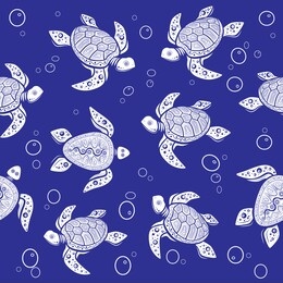 seamless pattern. abstract white turtle and bubbles on blue background. vector creative illustration.