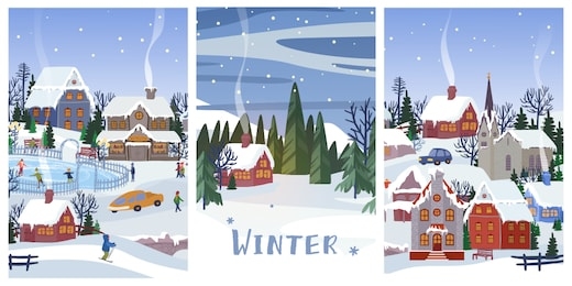 set of three vector illustration cartoon doodle houses village at blue sky snowy background. winter city people enjoying outdoor activities card design. house at forest. european wintertime frost