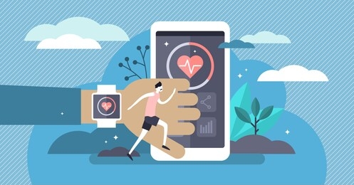 fitness tracker vector illustration. flat tiny heartbeat measurement person concept. physical health control in fitness workout running exercise. pedometer technology synchronization with smart phone