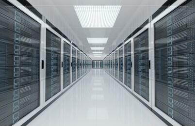 white servers data center room with computers and storage systems 3d rendering