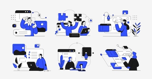 collection of scenes at office. bundle of men and women taking part in business meeting, negotiation, brainstorming, talking to each other. outline vector illustration. design and development