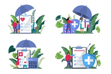 health insurance concept web banner set. people standing at the big clipboard with document on it. healthcare and medical service. isolated flat vector illustration
