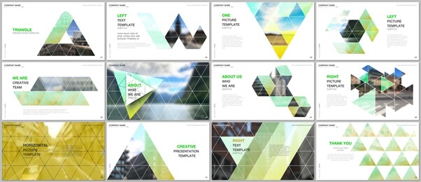 minimal presentations design, portfolio vector templates with triangular design background, triangle style pattern. multipurpose template for presentation slide, flyer leaflet, brochure cover, report.