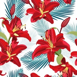 lily flower seamless pattern on white background with palm leaves, red lily floral vector illustration