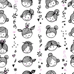 seamless striped pattern cute girlish faces with different emotions. ideal for children's interiors, banners and posters. vector illustration on white background.
