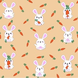 children's seamless pattern with the image of cute hares and rabbits with carrots. kawaii animals for wallpaper and wrapping paper. cartoon animals with a variety of emotions. funny character.