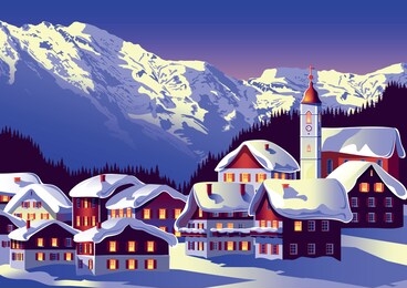 winter rural landscape with a village under the snow in the foreground and forest and mountains in the background. handmade drawing vector illustration.