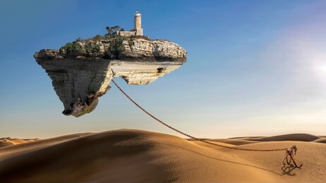 surreal scene with flying island with ancient lighthouse on it over the desert and fastened with rusty chain and anchor to the dunes. conceptual fantastic image