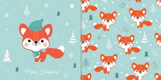 vector illustration of a cute fox  in a winter forest. greeting christmas card and seamless pattern.