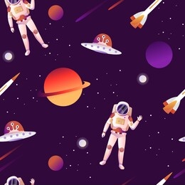 space design seamless background. astronaut explores the universe. planets, rocket and asteroids. cartoon vector illustration.