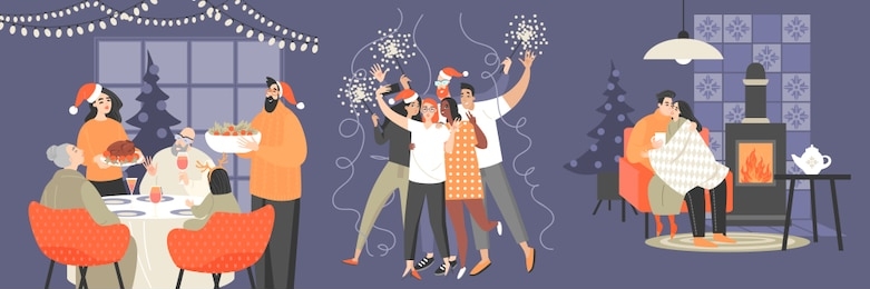 set of illustrations with family, a group of friends and a couple celebrating christmas and new year. cartoon characters for holiday cards and banners.