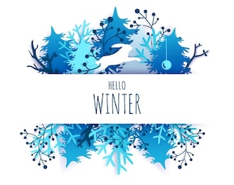 hello winter card hand lettering typography, vector illustration in paper art craft style. beautiful paper cut winter composition with snowy trees christmas tree balls and hare silhouette.