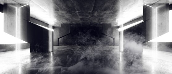 smoke neon glowing pylons laser lines arch white concrete underground garage sci fi futuristic hall stage podium grunge columns dark spaceship tunnel corridor 3d rendering illustration