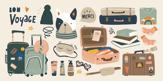 travel stuff. various luggage bags, suitcases, cosmetics, clothes. vacation, holiday. hand drawn vector set. colorful trendy illustration. cartoon style. flat design. all elements are isolated