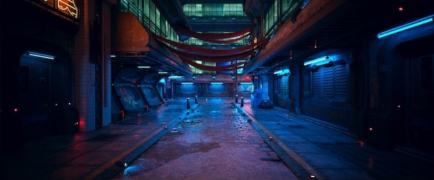 beautiful neon night in a cyberpunk city. photorealistic 3d illustration of the futuristic city. empty street with blue neon lights.
