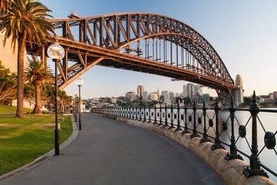 sydney harbour bridge in a quiet spring sunrise in sydney, australia