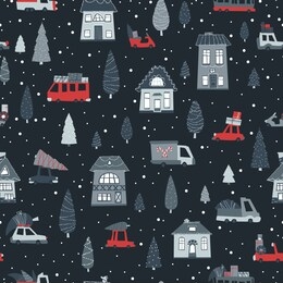 christmas seamless pattern. holiday night city. snowfall. houses and bright cars with gifts and christmas trees. vector background in cartoon scandinavian style on a dark background.