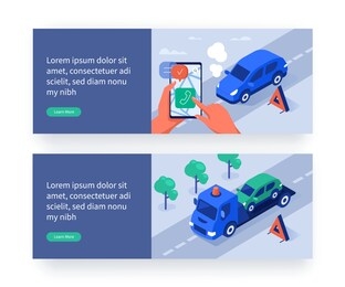 man calling to service center after car accident. auto insurance and car assistance web banner template. vehicle repair and towing services concept. flat isometric vector illustration.