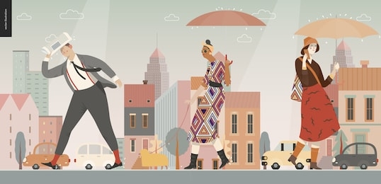 rain -walking people -modern flat vector concept illustration of people with umbrella, walking or standing in the rain in the street, city houses and cars.