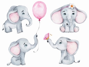 big set with four cute little elephants; watercolor hand draw illustration; can be used for cards and invitations and for baby shower; with white isolated background